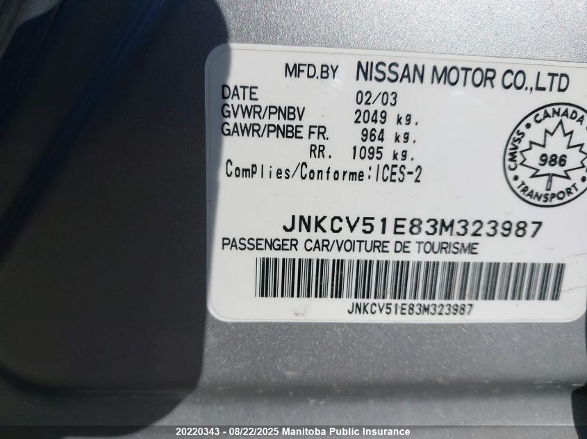 2003 Infiniti G35 Premium VIN: JNKCV51E83M323987 Lot: 20220343