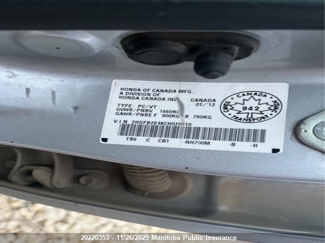 2012 Honda Civic Lx VIN: 2HGFB2E48CH020610 Lot: 20220353