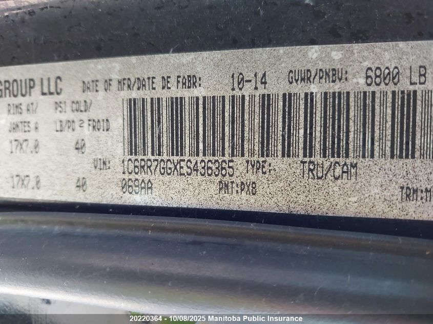 2014 Dodge Ram 1500 Slt Quad Cab VIN: 1C6RR7GGXES436365 Lot: 20220364