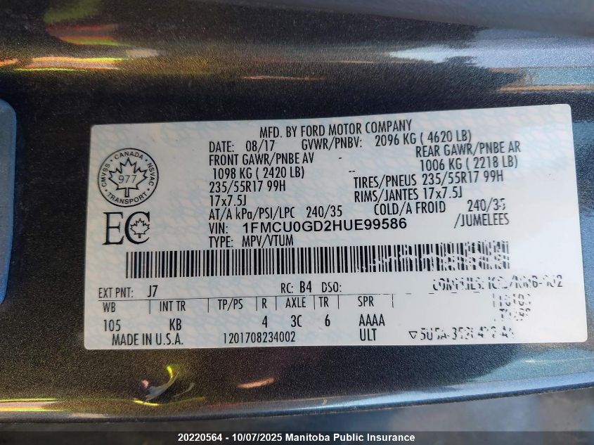 2017 Ford Escape Se VIN: 1FMCU0GD2HUE99586 Lot: 20220564