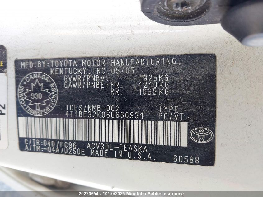 2006 Toyota Camry Se VIN: 4T1BE32K06U666931 Lot: 20220654