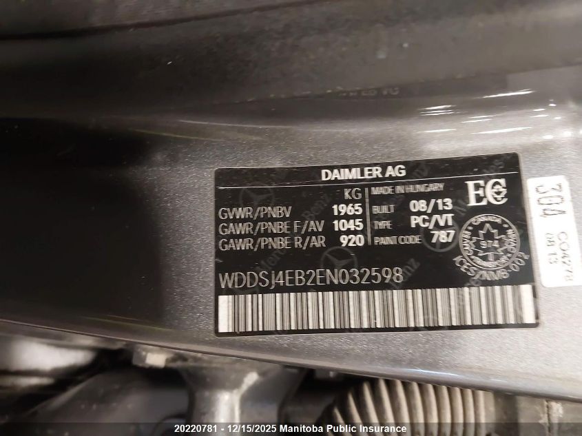 2014 Mercedes Benz Cla250 VIN: WDDSJ4EB2EN032598 Lot: 20220781