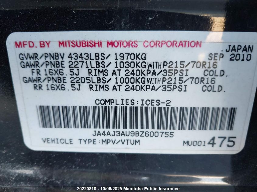 2011 Mitsubishi Rvr Se VIN: JA4AJ3AU9BZ600755 Lot: 20220810