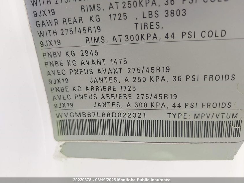 2008 Volkswagen Touareg V8 VIN: WVGMB67L88D022021 Lot: 20220878