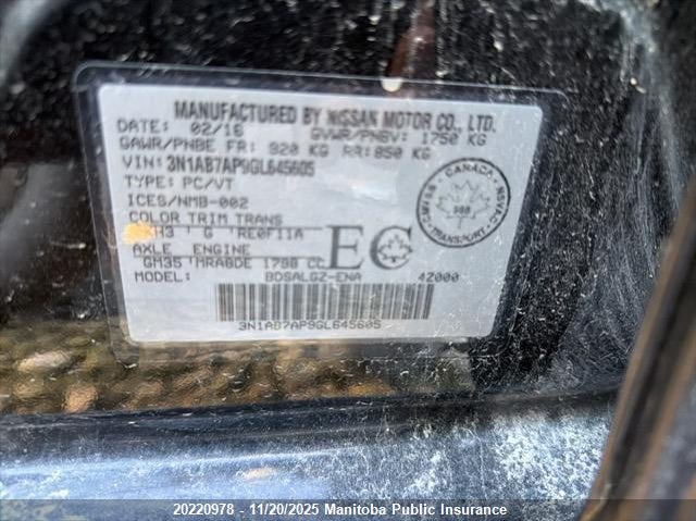 2016 Nissan Sentra 1.8 Sl VIN: 3N1AB7AP9GL645605 Lot: 20220978