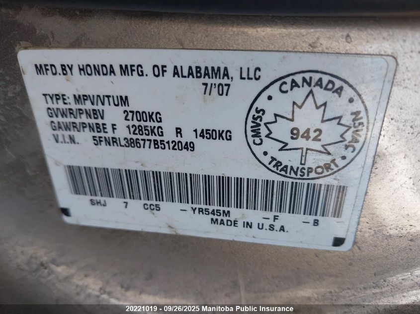 2007 Honda Odyssey Ex-L VIN: 5FNRL38677B512049 Lot: 20221019