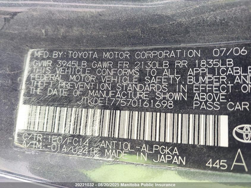 2007 Scion Tc VIN: JTKDE177570161698 Lot: 20221032