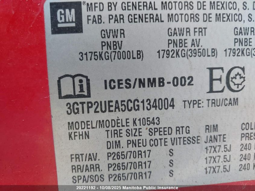 2012 GMC Sierra 1500 Slt Crew Cab VIN: 3GTP2UEA5CG134004 Lot: 20221192