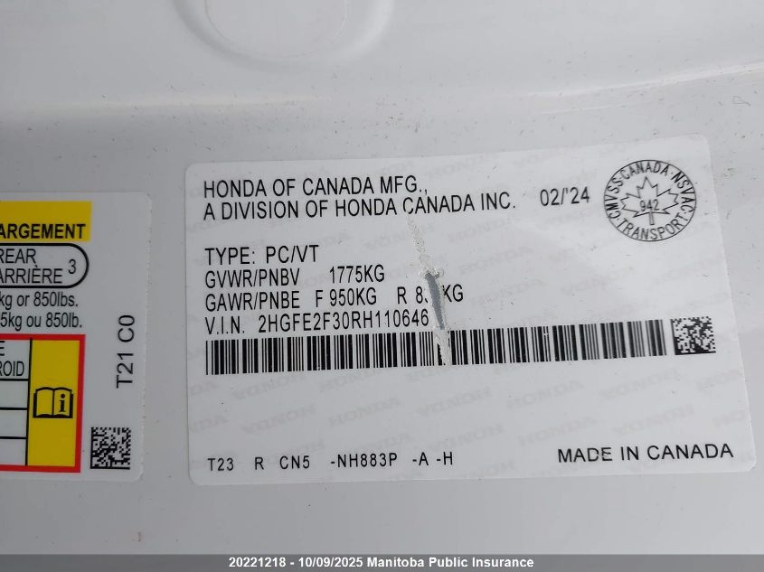 2024 Honda Civic Ex VIN: 2HGFE2F30RH110646 Lot: 20221218