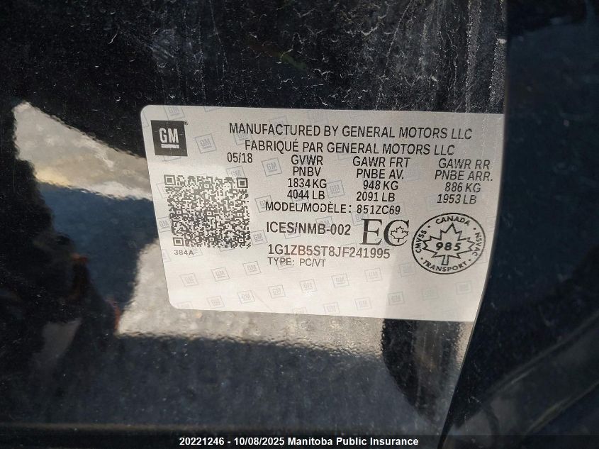 2018 Chevrolet Malibu Ls VIN: 1G1ZB5ST8JF241995 Lot: 20221246