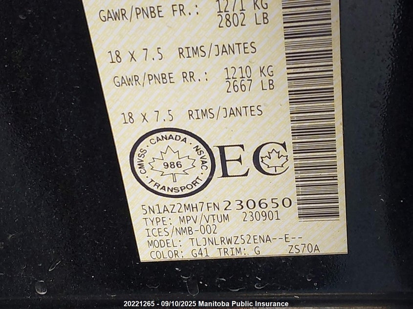 2015 Nissan Murano Sl VIN: 5N1AZ2MH7FN230650 Lot: 20221265