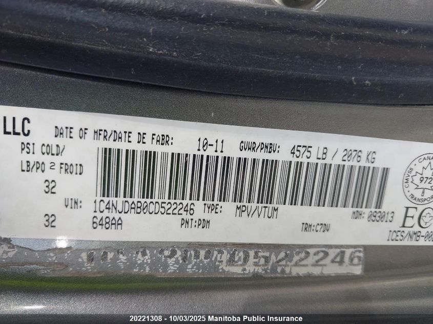 2012 Jeep Compass North VIN: 1C4NJDAB0CD522246 Lot: 20221308