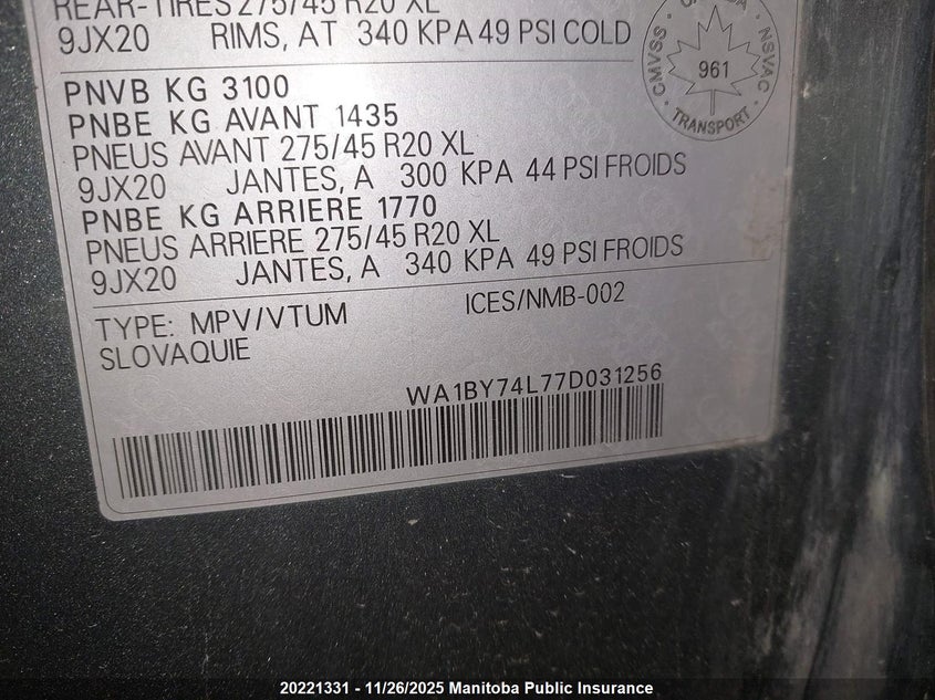 2007 Audi Q7 V6 VIN: WA1BY74L77D031256 Lot: 20221331