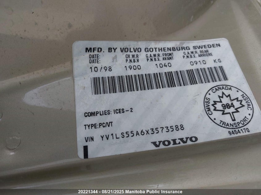 1999 Volvo S70 VIN: YV1LS55A6X3573588 Lot: 20221344