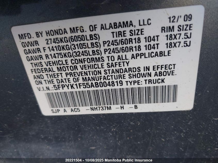 2010 Honda Ridgeline Rtl VIN: 5FPYK1F55AB004819 Lot: 20221504