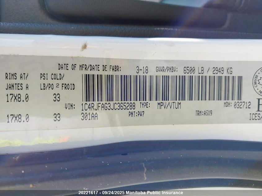 2018 Jeep Grand Cherokee Laredo VIN: 1C4RJFAG3JC365288 Lot: 20221617