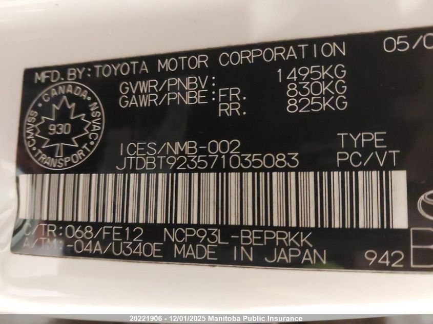 2007 Toyota Yaris VIN: JTDBT923571035083 Lot: 20221906