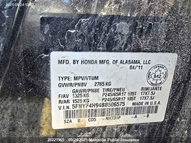 2011 Honda Pilot Touring VIN: 5FNYF4H94BB506575 Lot: 20221965