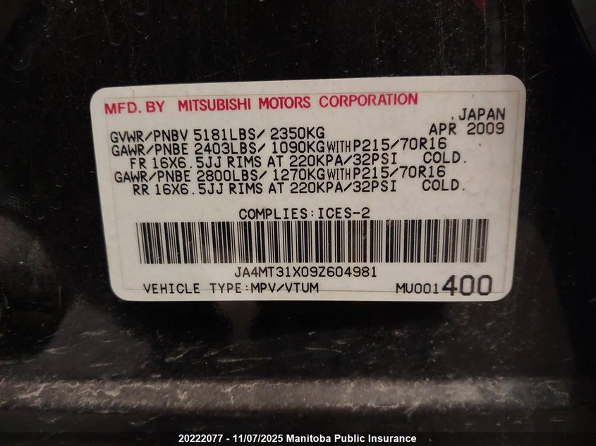 2009 Mitsubishi Outlander Ls VIN: JA4MT31X09Z604981 Lot: 20222077