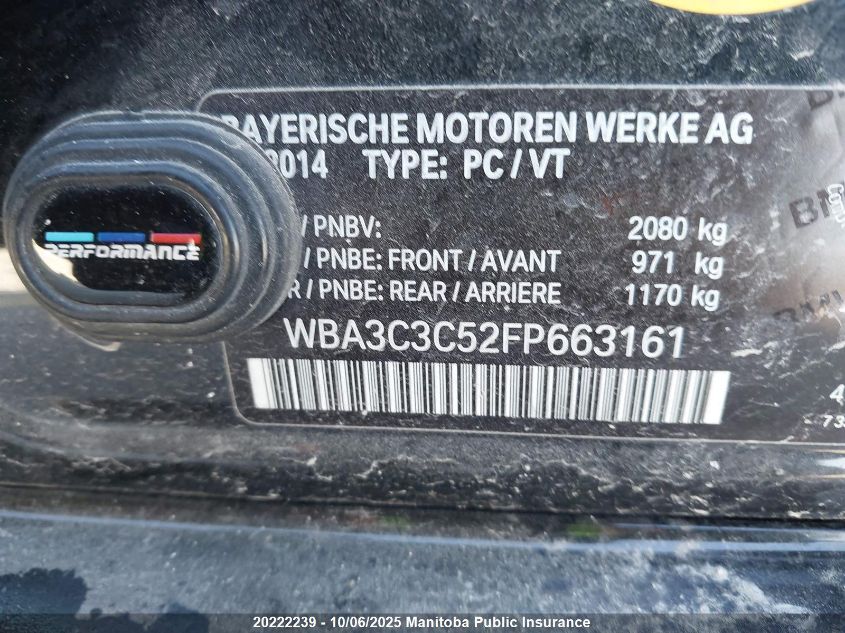 2015 BMW 3 Series VIN: WBA3C3C52FP663161 Lot: 20222239