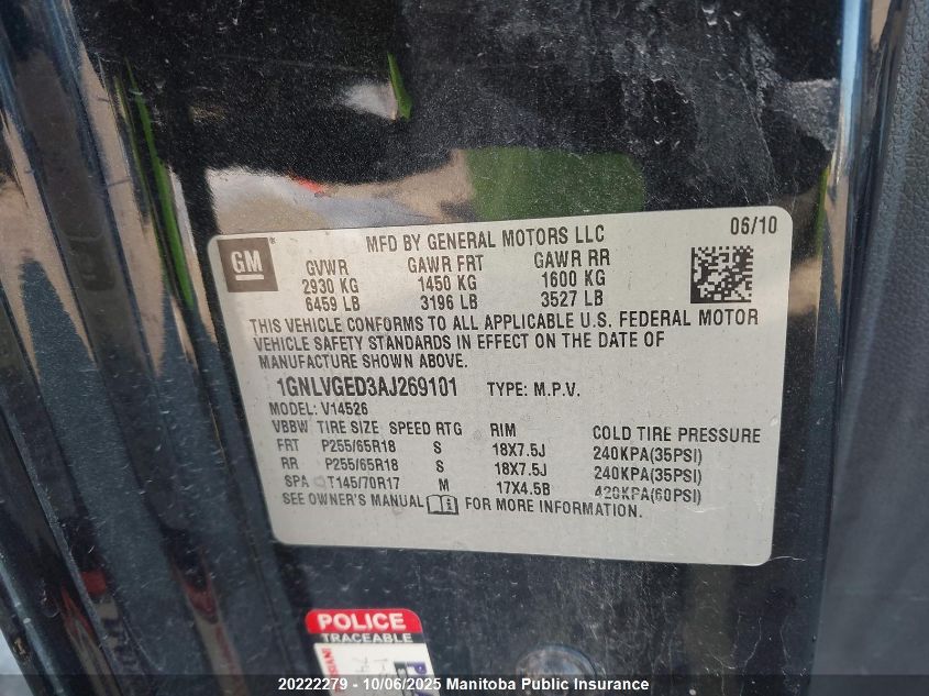 2010 Chevrolet Traverse Lt VIN: 1GNLVGED3AJ269101 Lot: 20222279