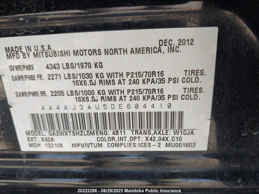 2013 Mitsubishi Rvr Se VIN: 4A4AJ3AU5DE604410 Lot: 20222286