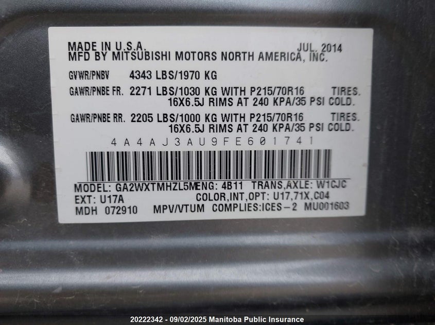 2015 Mitsubishi Rvr Se VIN: 4A4AJ3AU9FE601741 Lot: 20222342