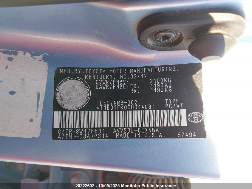 2012 Toyota Camry Le Hybrid VIN: 4T1BD1FK0CU014081 Lot: 20222602