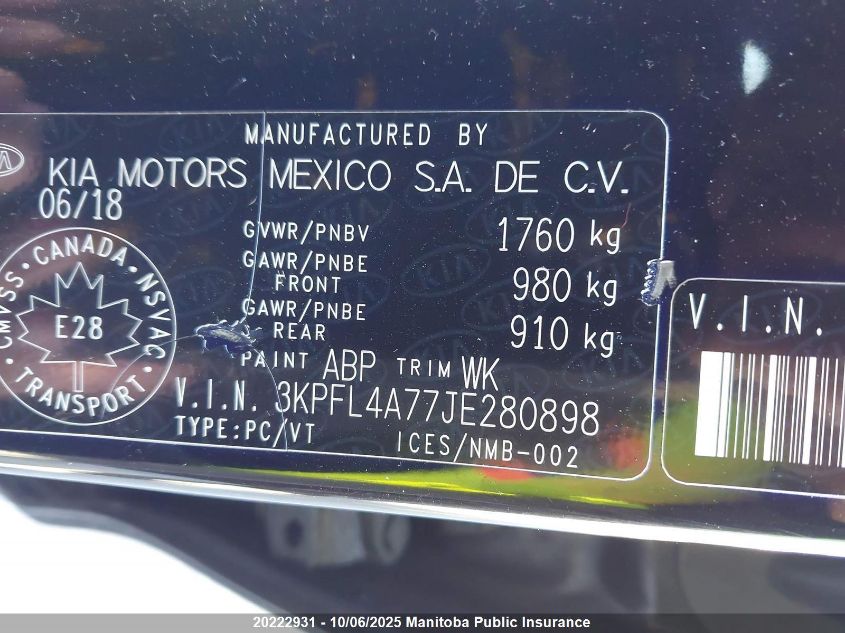 2018 Kia Forte Lx VIN: 3KPFL4A77JE280898 Lot: 20222931