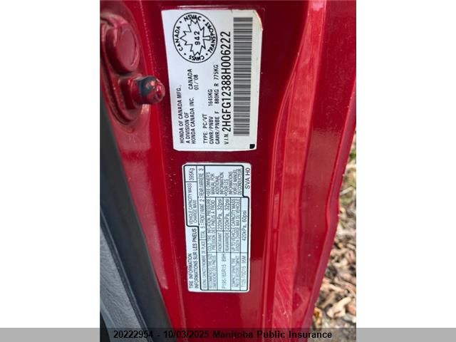 2008 Honda Civic Dx-G VIN: 2HGFG12388H006222 Lot: 20222954