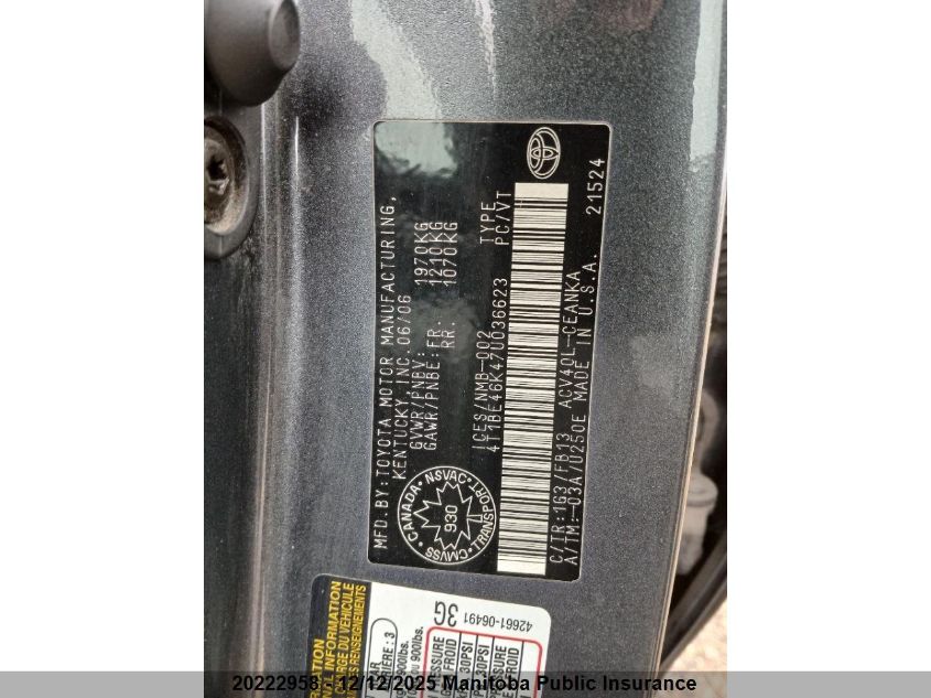 2007 Toyota Camry Le VIN: 4T1BE46K47U036623 Lot: 20222958