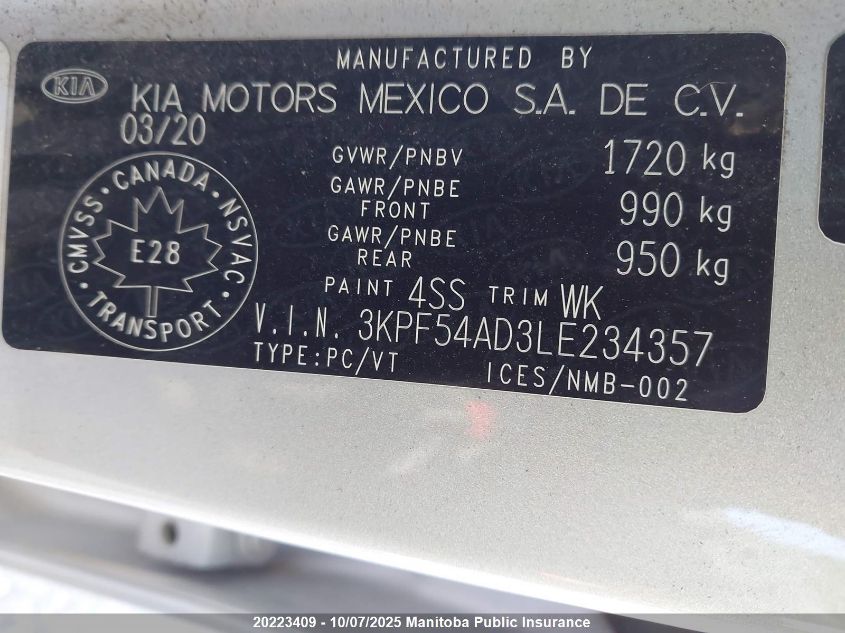 2020 Kia Forte Ex+ VIN: 3KPF54AD3LE234357 Lot: 20223409