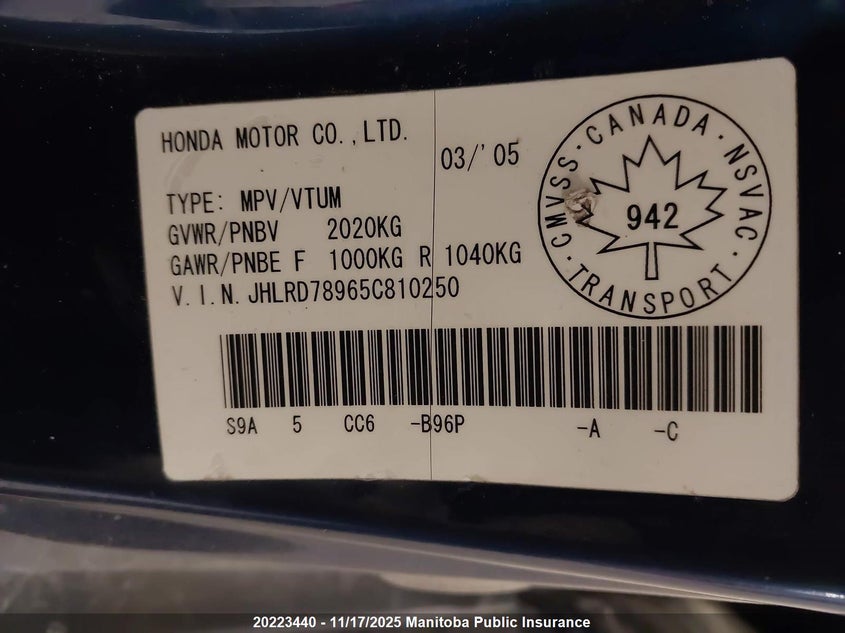 2005 Honda Cr-V Ex-L VIN: JHLRD78965C810250 Lot: 20223440