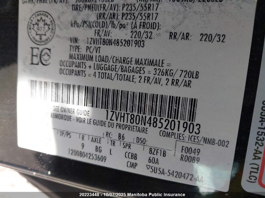 2008 Ford Mustang VIN: 1ZVHT80N485201903 Lot: 20223448