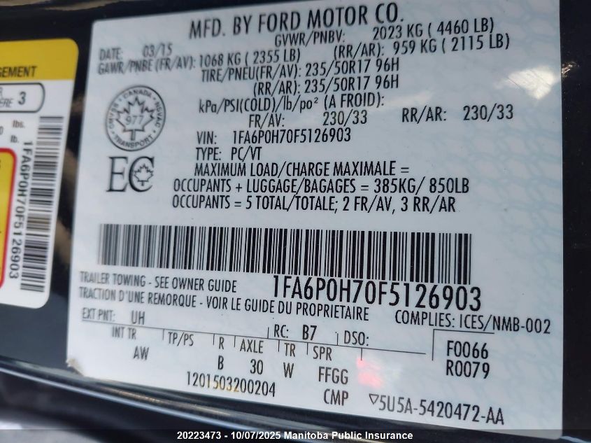 2015 Ford Fusion Se VIN: 1FA6P0H70F5126903 Lot: 20223473
