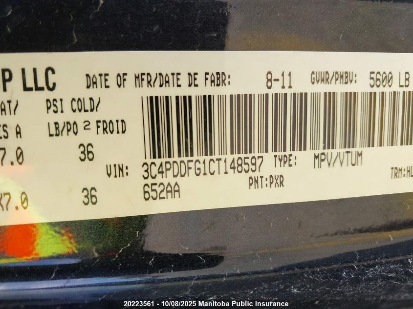 2012 Dodge Journey R/T VIN: 3C4PDDFG1CT148597 Lot: 20223561