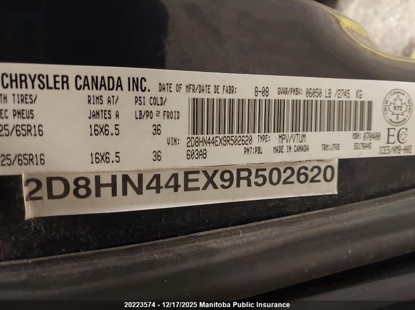 2009 Dodge Grand Caravan Se VIN: 2D8HN44EX9R502620 Lot: 20223574