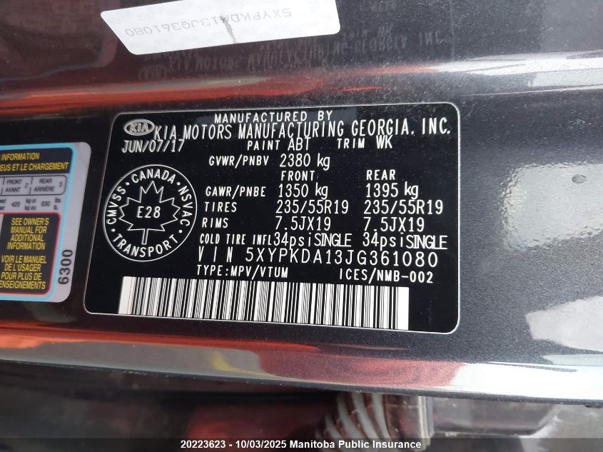 2018 Kia Sorento Sx Turbo VIN: 5XYPKDA13JG361080 Lot: 20223623