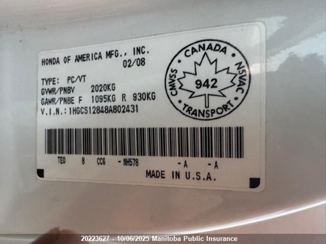 2008 Honda Accord Ex-L VIN: 1HGCS12848A802431 Lot: 20223627