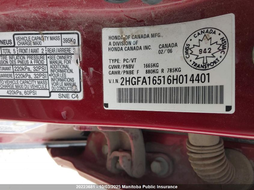 2006 Honda Civic Lx VIN: 2HGFA16516H014401 Lot: 20223681