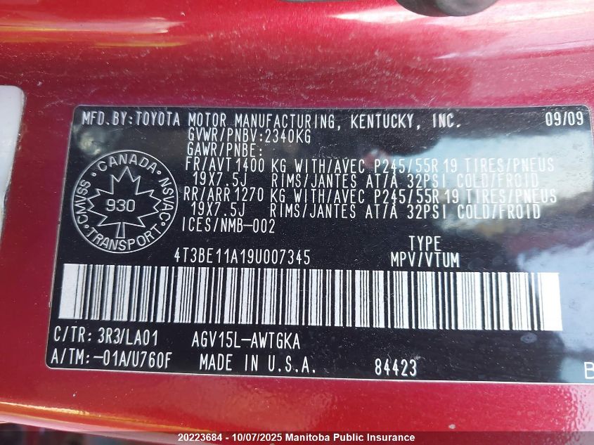 2009 Toyota Venza VIN: 4T3BE11A19U007345 Lot: 20223684