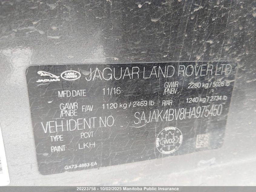 2017 Jaguar Xe 35T VIN: SAJAK4BV8HA975450 Lot: 20223758