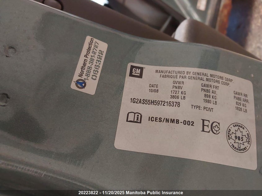 2009 Pontiac G5 VIN: 1G2AS55H597216378 Lot: 20223822