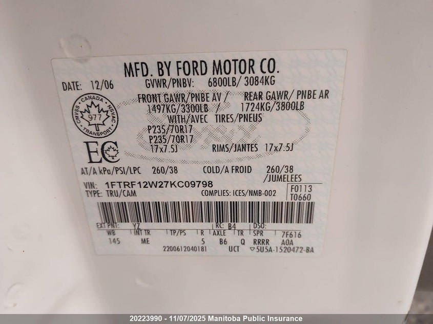 1FTRF12W27KC09798 2007 FORD  photo no. 9