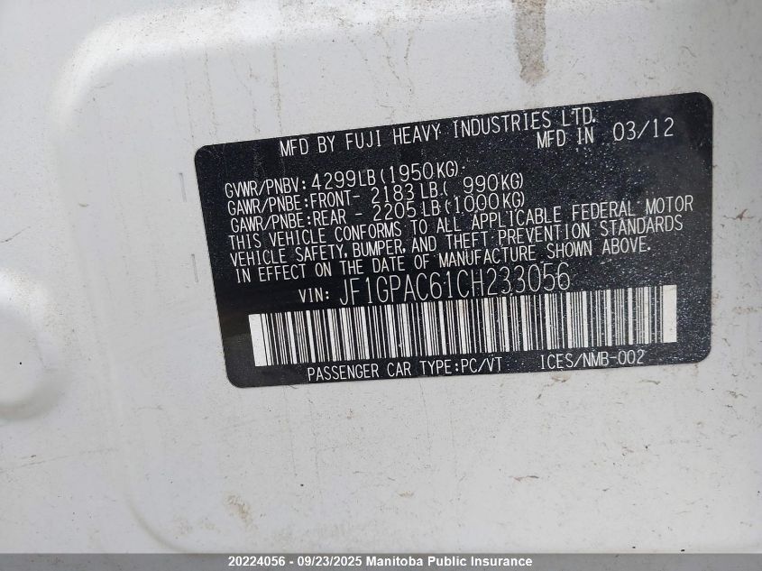 2012 Subaru Impreza 2.0I VIN: JF1GPAC61CH233056 Lot: 20224056