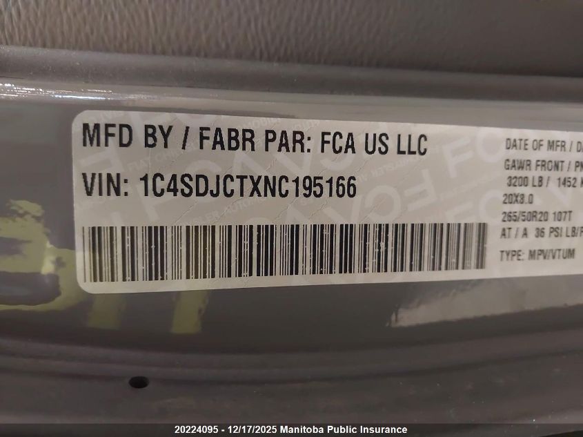 2022 Dodge Durango R/T VIN: 1C4SDJCTXNC195166 Lot: 20224095