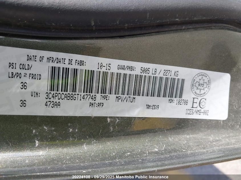 2016 Dodge Journey Cvp VIN: 3C4PDCAB8GT147748 Lot: 20224108