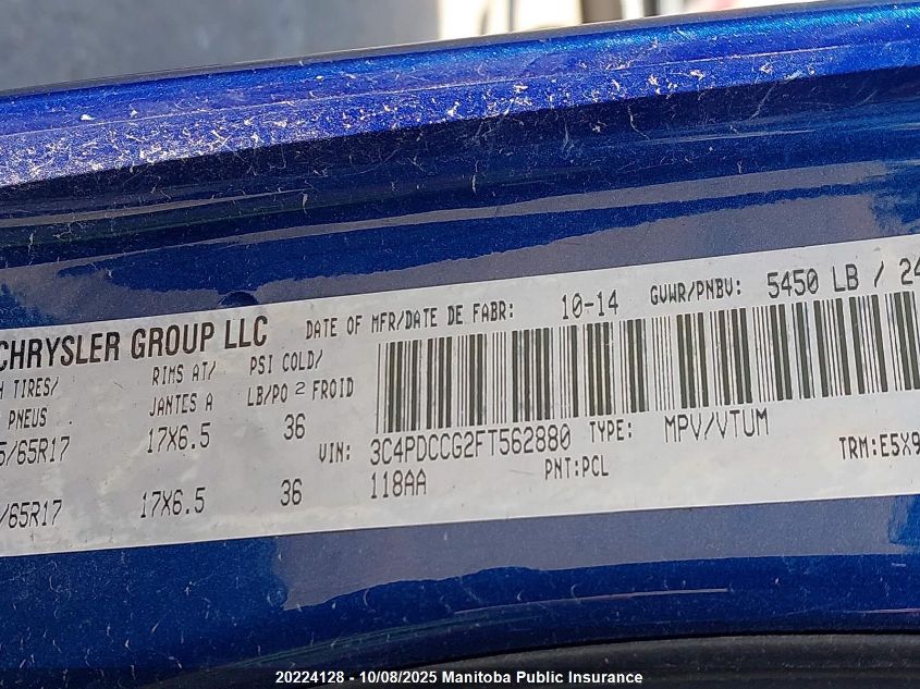 2015 Dodge Journey Sxt VIN: 3C4PDCCG2FT562880 Lot: 20224128