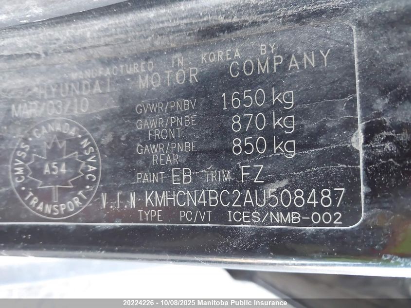 2010 Hyundai Accent Gl VIN: KMHCN4BC2AU508487 Lot: 20224226