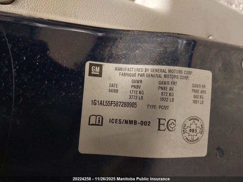 2008 Chevrolet Cobalt Lt VIN: 1G1AL55F587280905 Lot: 20224258